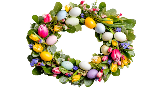 Easter Wreath with Painted Eggs and Spring Flowers, isolated on transparent background