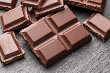 Pieces of milk chocolate bar on gray background. Sweet food is made of cocoa and sugar.