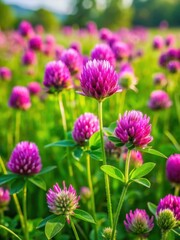 Obraz premium Vibrant purple clover flowers sway in the gentle breeze amidst a lush carpet of green grass
