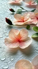 Close-up of delicate pink flowers with visible veins and stamens, scattered with clear water droplets on a textured white surface.