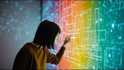 Adaptive thinking woman touching interactive touchscreen interface with colorful circuit pattern and data visualization