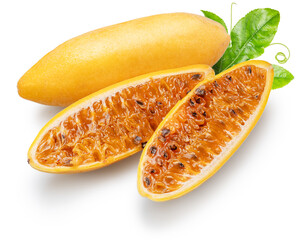 Curuba or banana passion fruit and fruit cut in half showing the juicy pulp and black seeds on white background. File contains clipping path.
