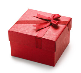 Red gift box with satin bow, top view, isolated on white background. File contains clipping path.