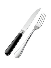 Fototapeta premium Knife and fork, angled, silver/black, dining flatware on black