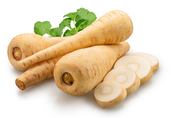 Parsnip roots and parsnip slices isolated on white background. File contains clipping paths.