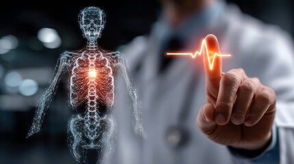 A doctor in a white coat interacts with a holographic projection of a human skeleton, touching a glowing heartbeat line on their finger.