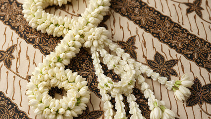 Traditional Javanese jasmine arrangement (roncean melati) with delicate white petals and batik