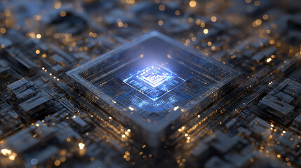 High-tech chip closeup with blue light electronic components precise layout innovative futuristic design