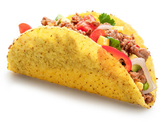 Mexican meat taco or beef stuffed tortilla isolated on white background. File contains clipping path.