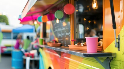 A vibrant food truck with colorful decorations and a menu board. Brightly lit with hanging lights, it serves a variety of street food in a lively outdoor setting.