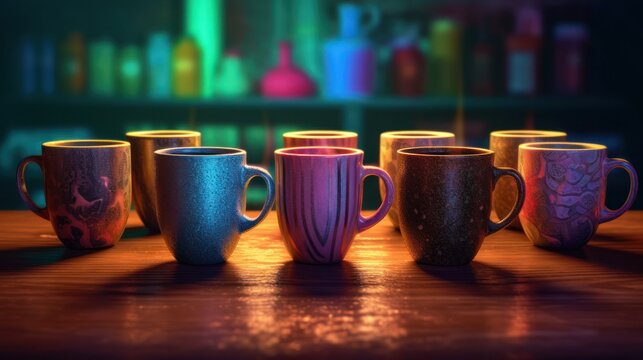 colorful mugs, vibrant mugs, ceramic mugs, assortment of coffee mugs, warm lighting, moody lighting, cozy atmosphere, still life photography, rustic, wooden table
