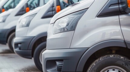Fototapeta premium A row of gray delivery vans parked in a lot. The vehicles have modern designs and are lined up neatly, showcasing their front profiles and headlights.