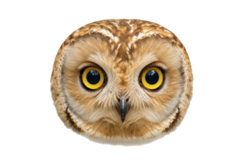 Isolated head of a striking owl, a close-up portrait, staring straight ahead calmly