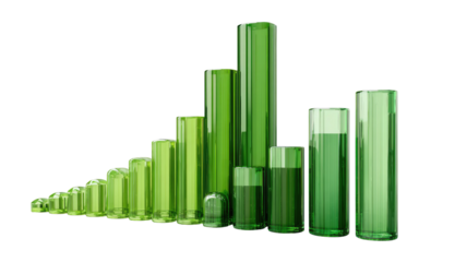 Green glossy bar chart rising, translucent, clean on black
