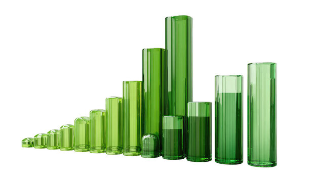 Green glossy bar chart rising, translucent, clean on black