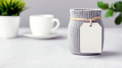 A knitted jar with a blank tag sits on a white desk next to a coffee cup and a potted plant, creating a cozy and inviting scene.