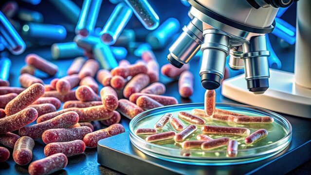 Close-up view of Clostridium difficile bacteria growing in a gut tissue sample