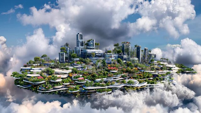 Futuristic city floats above the clouds like a skyborne island, glass towers glittering in crisp light&mdash;visionary architecture footage that sells innovation, sustainability concepts and bold urban imag