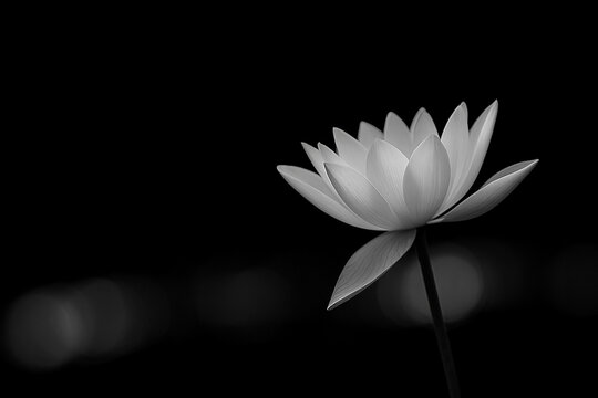 AI generated black and white lotus flower symbol of purity calm and enlightenment standing alone in darkness with soft light and elegant minimal composition evoking peace and mindfulness - Powered by Adobe