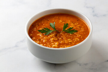 Traditional delicious Turkish soup; Turkish name; Tarhana or Ezogelin corbasi