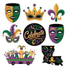 Mardi Gras masks crown fleur de lis and float isolated on a transparent background