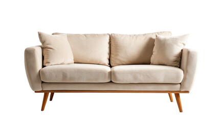 Fototapeta premium Cream couch with two pillows on wooden legs, isolated on black