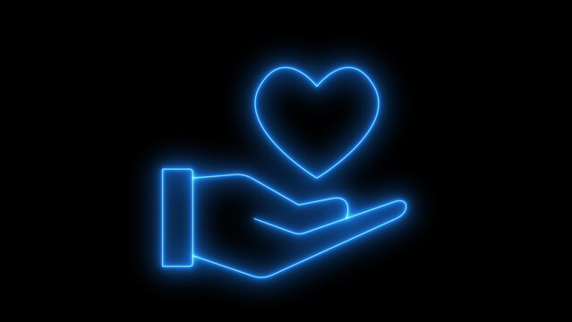 Glowing neon Hand Holding Heart Icon on Black Background. Abstract love, care, generosity for social media or app design.