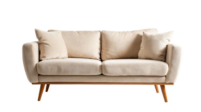 Cream couch with two pillows on wooden legs, isolated on black