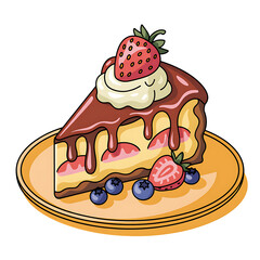 Slice of cheesecake with chocolate drizzle and berries isolated on a transparent background