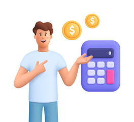 Young smiling man James pointing at big calculator and golden coins. Business, finance, accounting, tax and budget planning concept. 3d vector people character illustration. Cartoon minimal style.