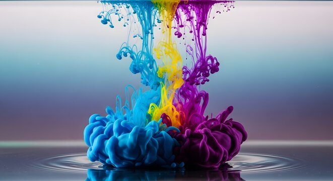 Vibrant rainbow ink droplets exploding in water