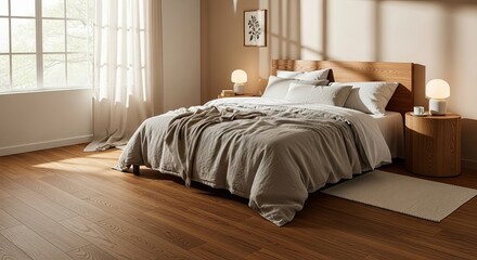 Serene bedroom sanctuary bathed in warm sunlight, featuring a comfortable linen bed and modern minimalist decor, inviting tranquility and rest