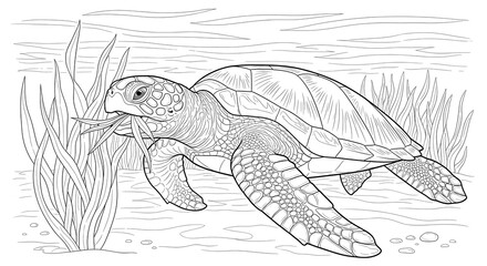 Obraz premium Detailed line art illustration of a majestic sea turtle gracefully swimming underwater among vibrant aquatic plants, perfect for a calming coloring activity or educational material