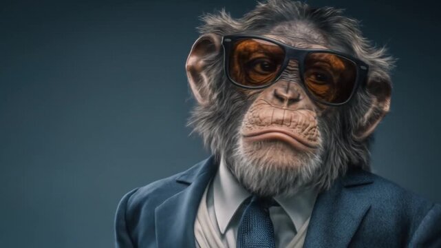 Smirking chimp in a navy suit and tie wearing sunglasses giving a confident thumbs-up, businesslike