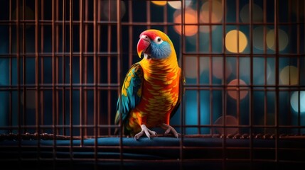 a colorful parrot in a cage, intricate feather details, vibrant colors, dramatic lighting, cinematic composition, detailed background, high resolution, photorealistic
