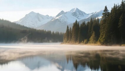 Snowy mountain forest lake landscape