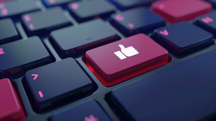 Close-up of a computer keyboard with a prominent red key featuring a thumbs-up icon. The keyboard has a modern design with dark keys and vibrant accents.