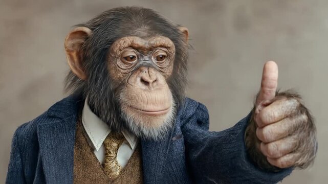 A chimpanzee in a blue blazer, brown vest, shirt and tie, giving a confident thumbs-up, smiling. Yay