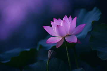 Obraz premium AI generated pink lotus blooming gently among dark green leaves with dreamy violet blue background symbolizing purity love calmness and inner healing perfect for meditation wellness and spiritual art