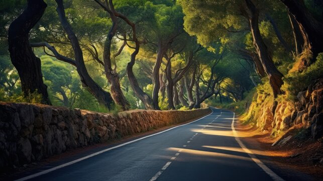 detailed lush overgrown forest tunnel, winding paved road, dappled sunlight, dramatic lighting, vivid colors, cinematic, epic landscape, award-winning photo
