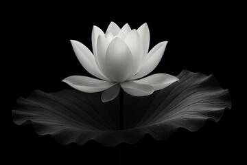 AI generated black and white lotus flower above dark leaf symbolizing purity calmness and inner peace soft light enhances petal texture creating a serene zen minimalist mood filled with balance
