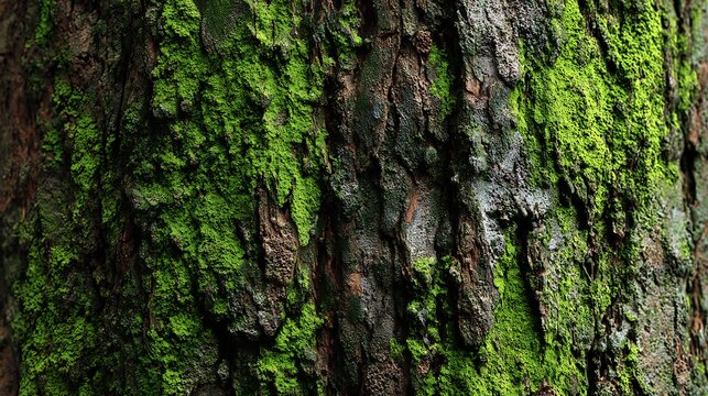 Flat lay of vertical tree trunk covered with damp moss, rich green tones, natural humidity sheen on bark surface, seamless repeating organic pattern - Powered by Adobe