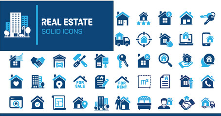 Real estate glyph solid icons. Containing house, apartment, sell, residential solid icons collection. Vector illustration
