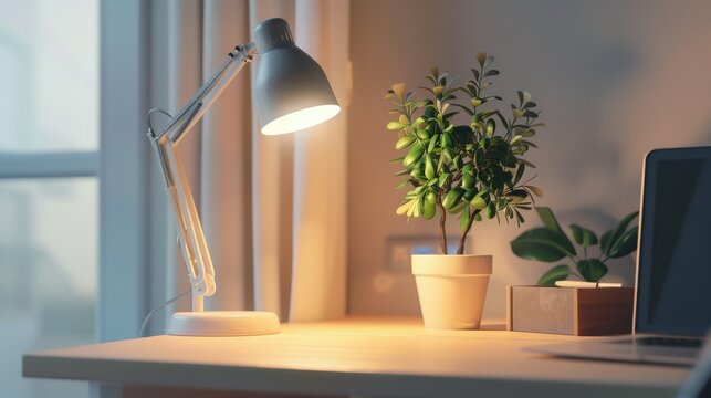 A modern desk setup featuring a desk lamp, potted plant, and laptop. The scene is well-lit and organized, creating a cozy workspace atmosphere.
