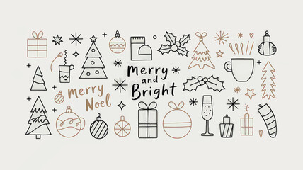 Merry and Bright Christmas Illustrations with Holiday Icons
