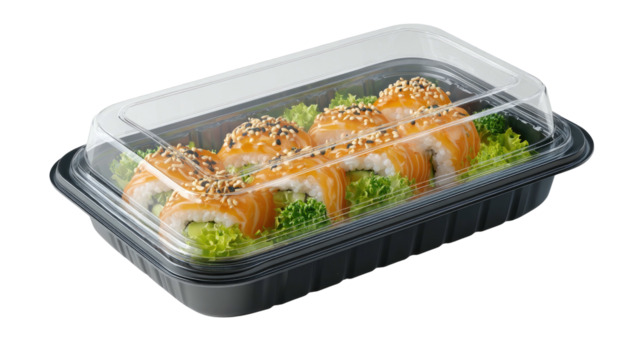 Salmon sushi rolls, avocado, lettuce, in clear box, gray container