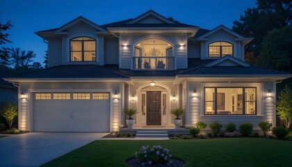 Elegant modern suburban home illuminated at twilight showcasing welcoming entrance and manicured landscape