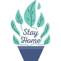 Green Leaves Growing From Blue Potted Plant With Stay Home Message On Transparent Background