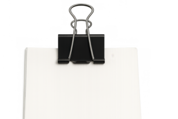 Black binder clip securing a stack of blank white paper sheets, creating an organized office stationery concept, transparent background