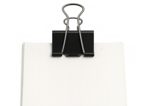 Black binder clip securing a stack of blank white paper sheets, creating an organized office stationery concept, transparent background